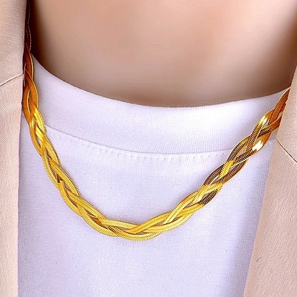 Braided Twisted Gold Plated Herringbone Flat Necklace Matching Bracelet Set - Picture 3 of 8